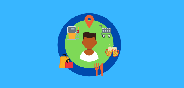 Hyperlocal marketing graphic showing a person in a circle with a geo tag above their head. Surrounding the man are various business icons.